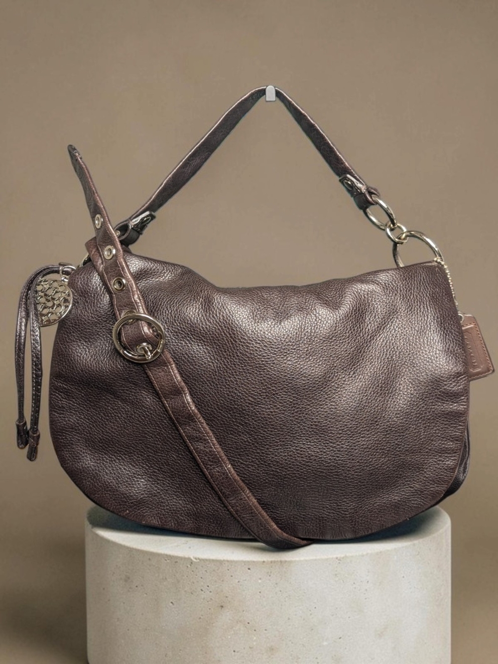 Y2K Coach Ali Chocolate Pebbled Leather Hobo Flap Saddle Bag
